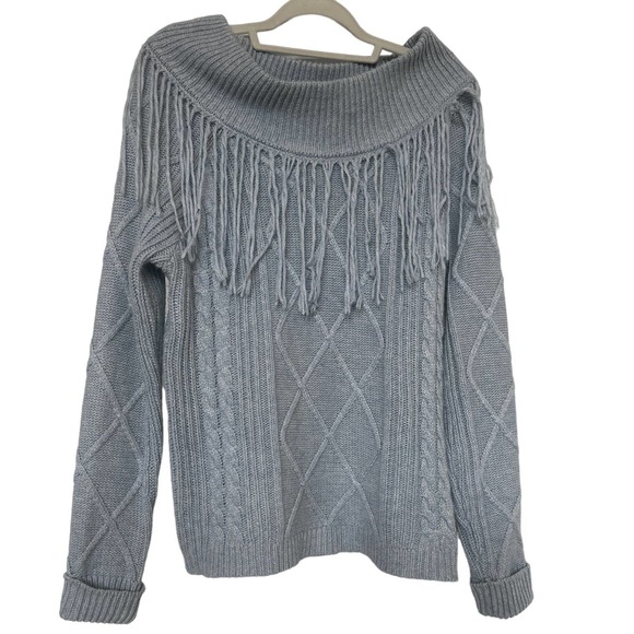 Fate Light Blue Boho Cowl Neck/ Off Shoulder Knit Sweater with Fringe - Picture 1 of 4